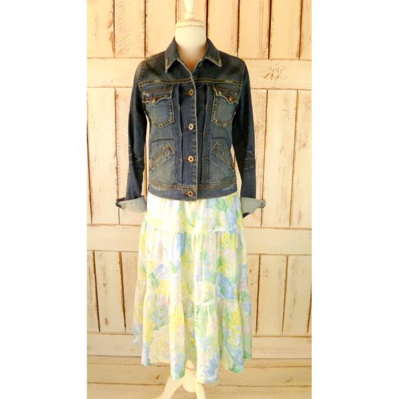 Vintage pastel floral tiered peasant wrap skirt/green/yellow floral ruffle tiere - Picture 4 of 4